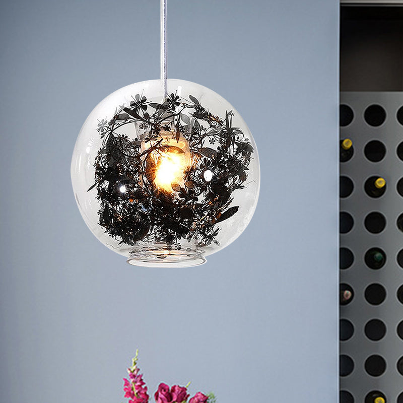 Modern Clear Glass Sphere Pendant Ceiling Light With Black Plant Design 1 Head Hanging Lamp