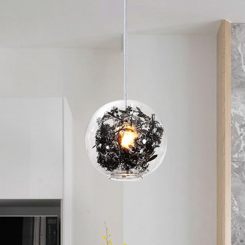 Modern Clear Glass Sphere Pendant Ceiling Light With Black Plant Design 1 Head Hanging Lamp