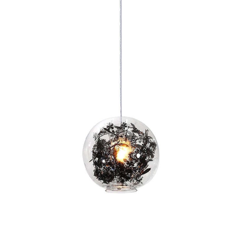 Modern Clear Glass Pendant Ceiling Light with Black Plant Design Inside