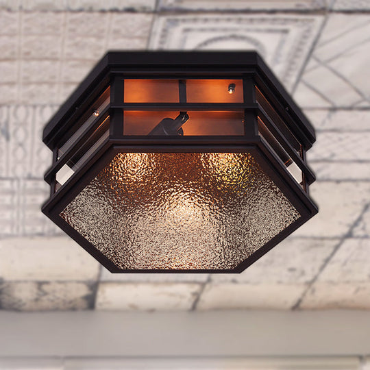 Black Metal Hexagon Flush Mount Ceiling Light with Frosted Glass Diffuser - 2/3 Lights, 14"/17" Width - Farmhouse Style