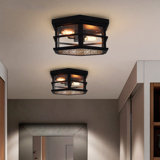 Black Metal Hexagon Flush Mount Ceiling Light with Frosted Glass Diffuser - 2/3 Lights, 14"/17" Width - Farmhouse Style