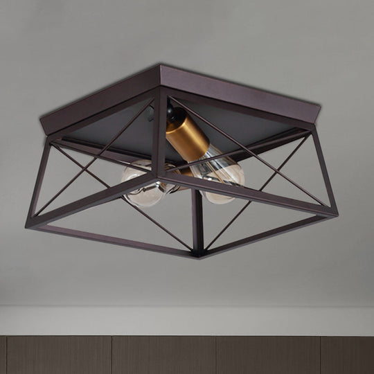 Industrial Style Metal Flush Ceiling Light Fixture - 10/12 Wide 2 Bulbs Coffee Tone Ideal For