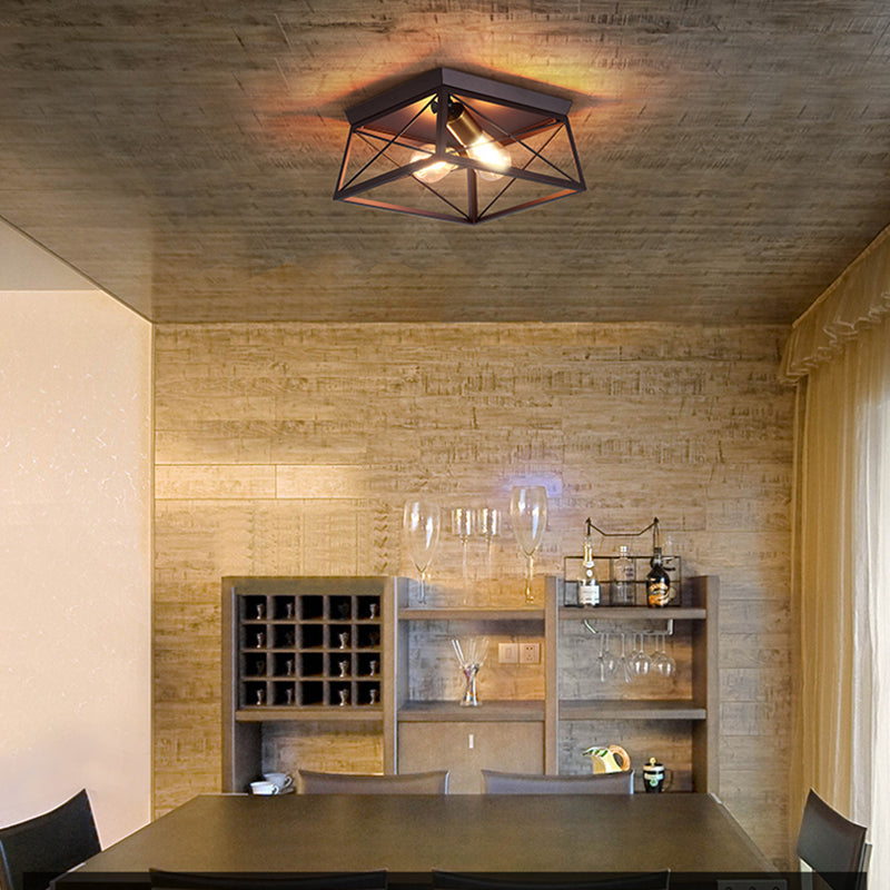 Industrial Style Metal Flush Ceiling Light Fixture - 10"/12" Wide - 2 Bulbs - Coffee Tone - Ideal for Restaurants