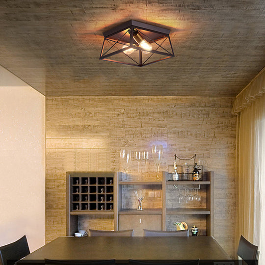 Industrial Style Metal Flush Ceiling Light Fixture - 10/12 Wide 2 Bulbs Coffee Tone Ideal For