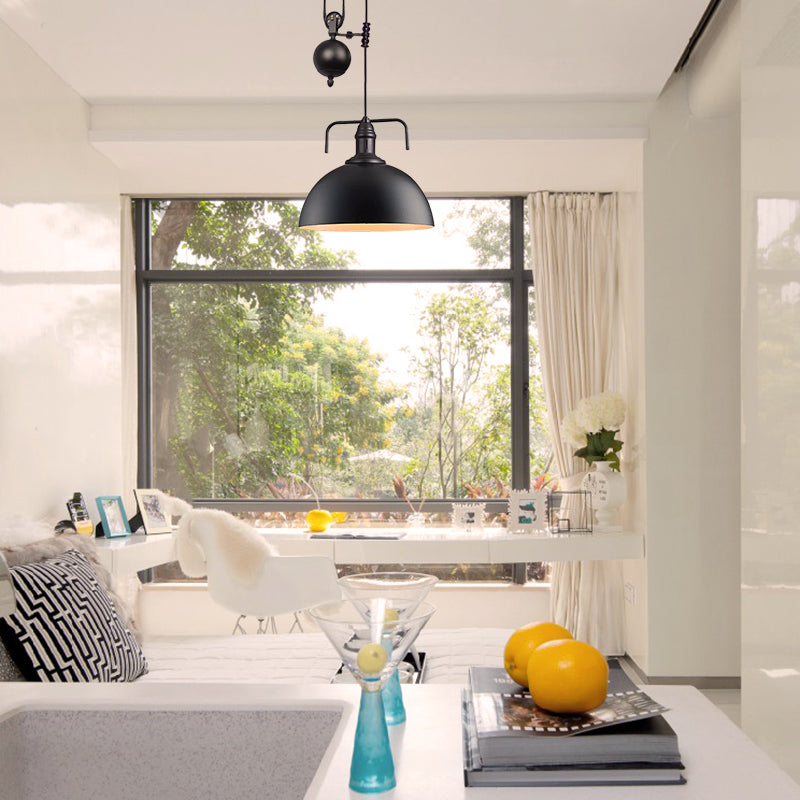 Metallic Pendant Light with Pulley Design - Black Dome Warehouse Style, 1 Light, 8"/12" Wide