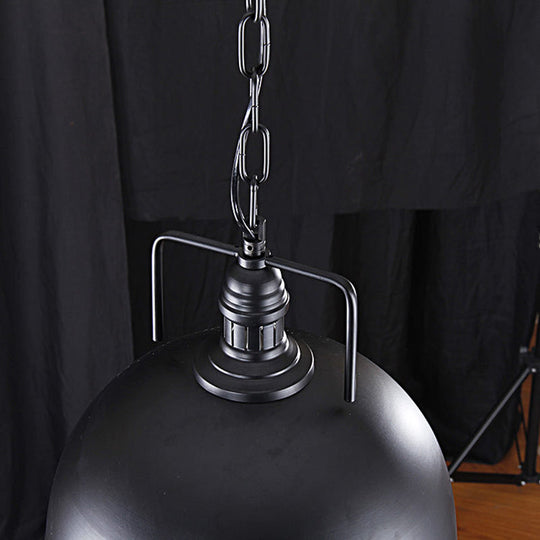 Black Dome Hanging Light - Warehouse Style Metallic Pendant With Pulley Design 8/12 Width