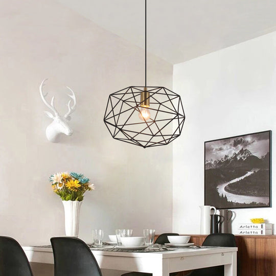 Black Vintage Style Wire Cage Pendant Lamp - 1-Light Metallic Hanging Fixture For Dining Room