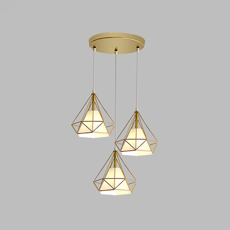 Diamond Cage Multi-Pendant Industrial Ceiling Light With 3 Hanging Lights For Hallway Gold / Round