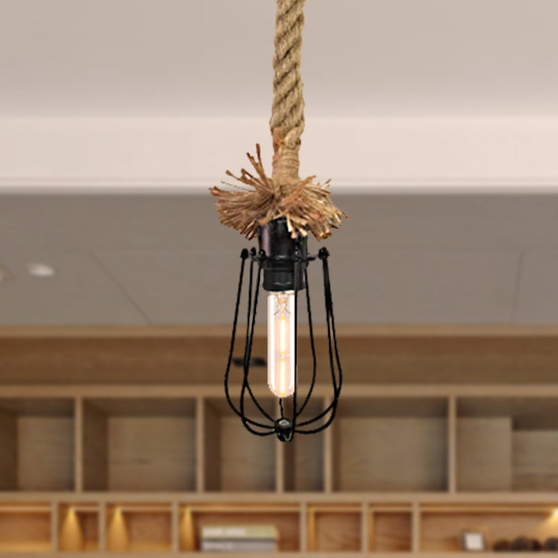 Industrial Pendant Light - Black Bulb-Shaped Lamp With Wire Guard Adjustable Rope