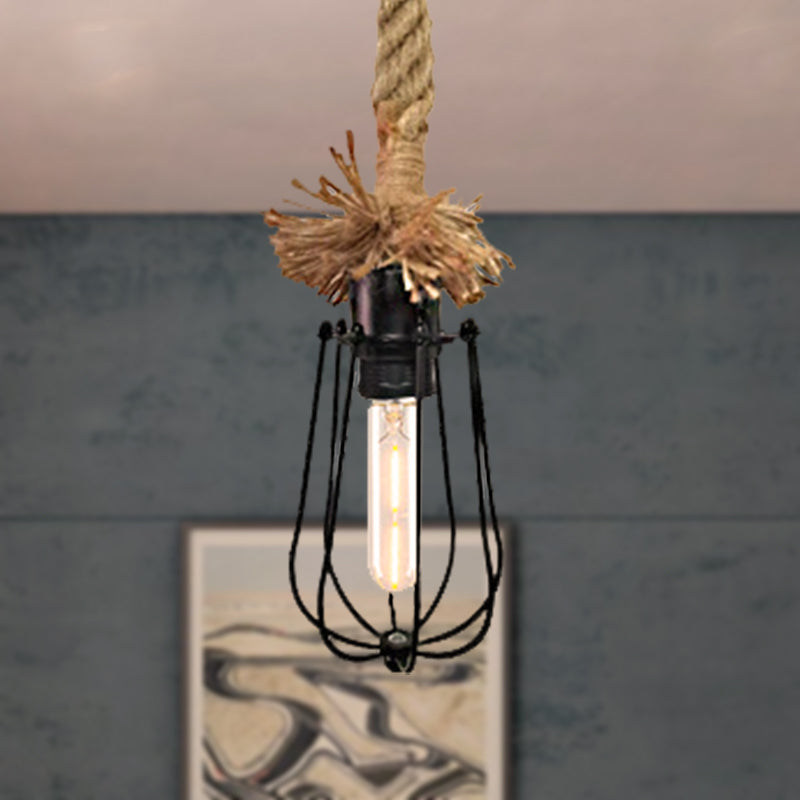 Industrial Pendant Light - Black Bulb-Shaped Lamp With Wire Guard Adjustable Rope