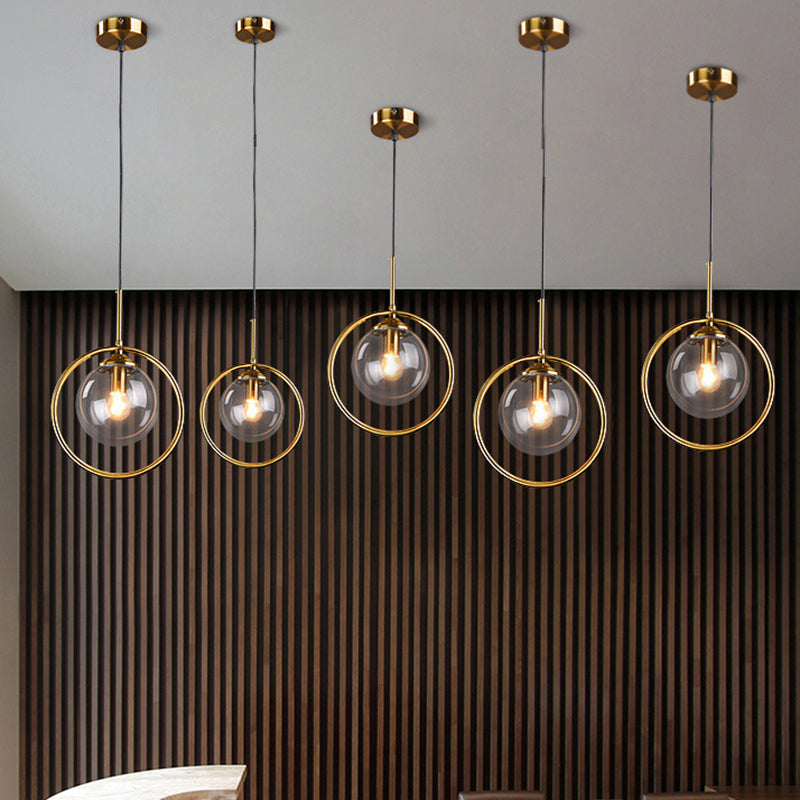 Mid-Century Design Hanging Lamp With Glass Shade And Metal Ring - Perfect For Bedroom