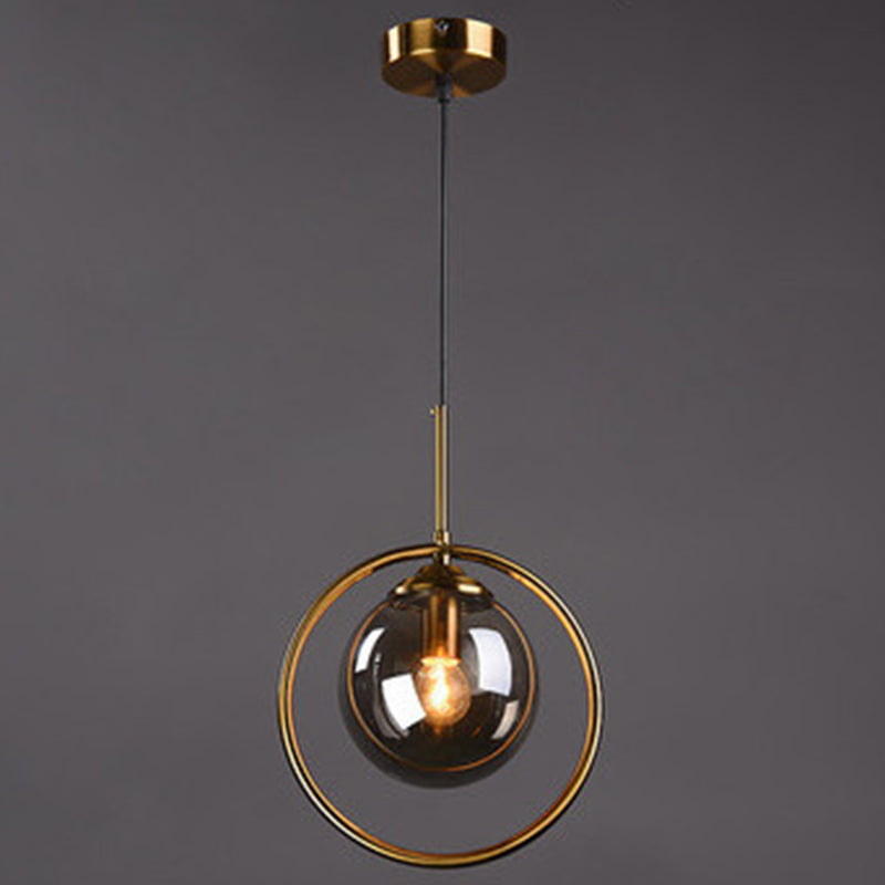 Mid-Century Globe Hanging Lamp with Glass Shade & Metal Ring - Perfect for Bedrooms