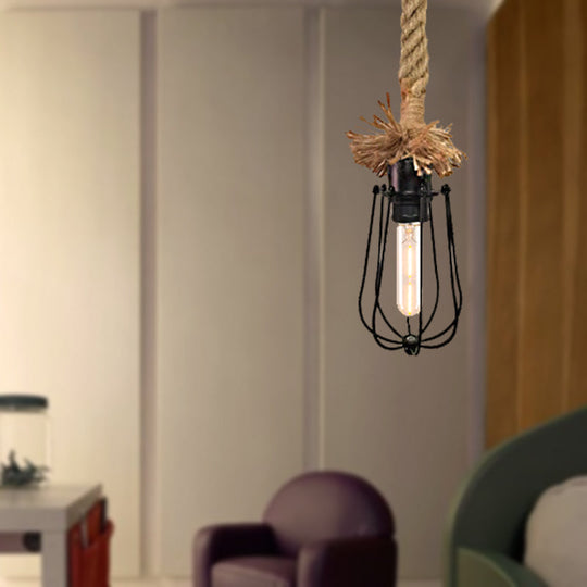 Industrial Pendant Light - Black Bulb-Shaped Lamp With Wire Guard Adjustable Rope