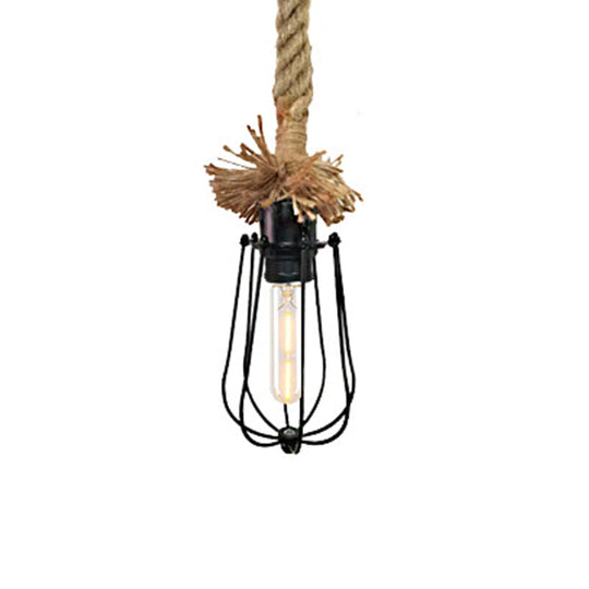 Industrial Black Bulb-Shaped Pendant Lamp with Wire Guard and Adjustable Rope