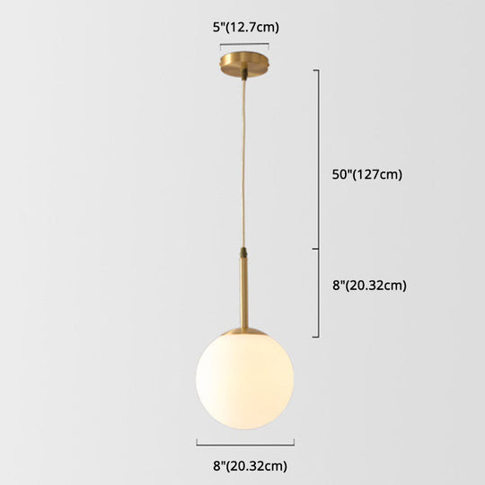 Mid-Century Modern Brass Pendant Light with Spherical White Glass Shade