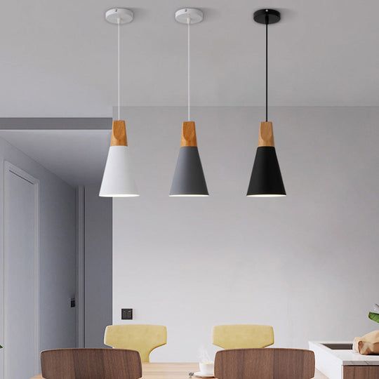 Metal Tapered Hanging Light - Nordic Style - 1-Light Restaurant Pendant Lamp with Wooden Top