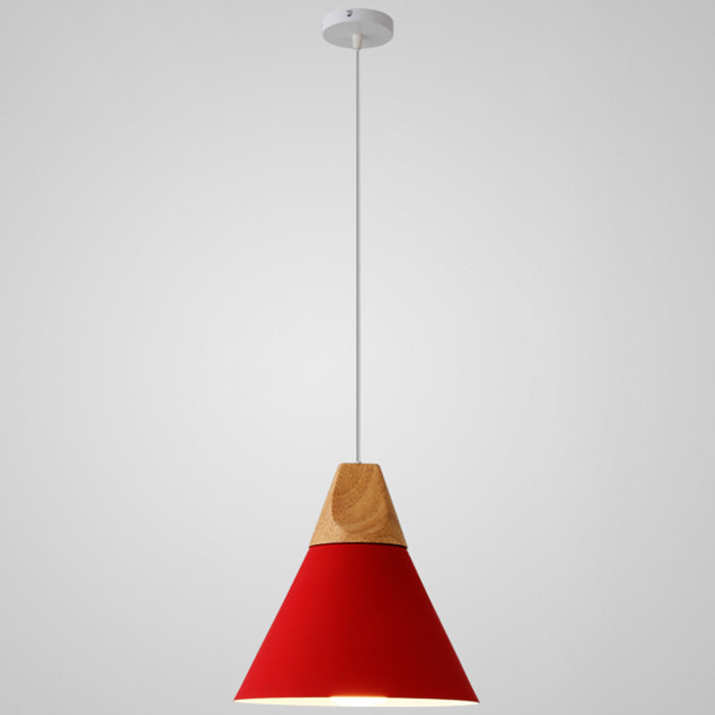 Metal Tapered Hanging Light - Nordic Style - 1-Light Restaurant Pendant Lamp with Wooden Top