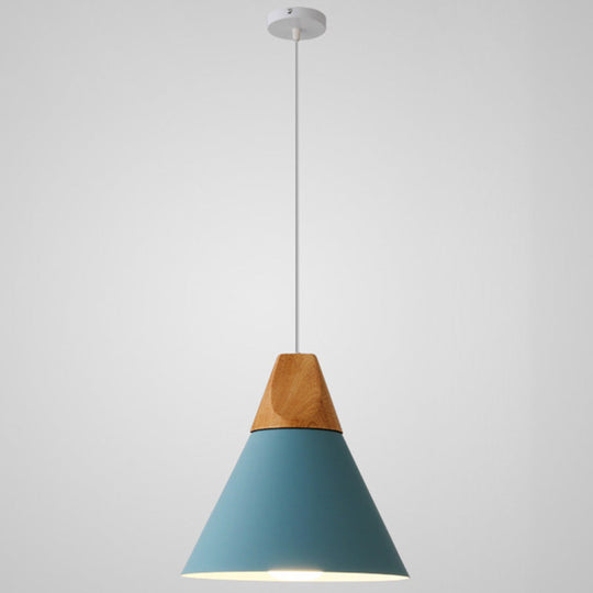 Nordic Style Metal Hanging Ceiling Pendant Lamp With Wooden Top - 1 Light Restaurant Lighting Blue /