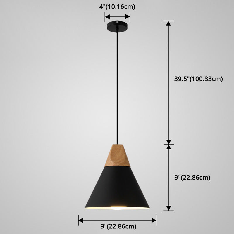Metal Tapered Hanging Light - Nordic Style - 1-Light Restaurant Pendant Lamp with Wooden Top