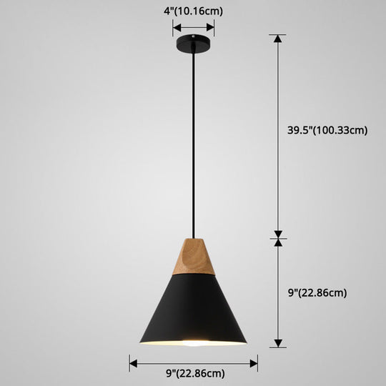 Metal Tapered Hanging Light - Nordic Style - 1-Light Restaurant Pendant Lamp with Wooden Top