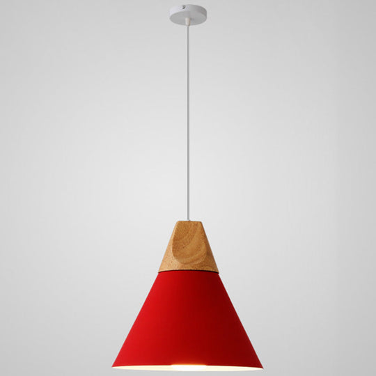 Metal Tapered Hanging Light - Nordic Style - 1-Light Restaurant Pendant Lamp with Wooden Top