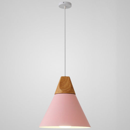 Metal Tapered Hanging Light - Nordic Style - 1-Light Restaurant Pendant Lamp with Wooden Top