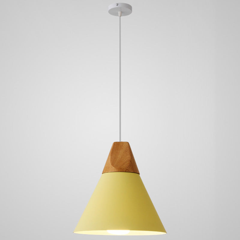 Metal Tapered Hanging Light - Nordic Style - 1-Light Restaurant Pendant Lamp with Wooden Top