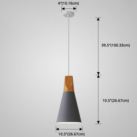 Metal Tapered Hanging Light - Nordic Style - 1-Light Restaurant Pendant Lamp with Wooden Top