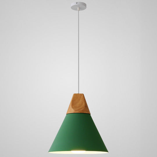 Nordic Style Metal Hanging Ceiling Pendant Lamp With Wooden Top - 1 Light Restaurant Lighting Green
