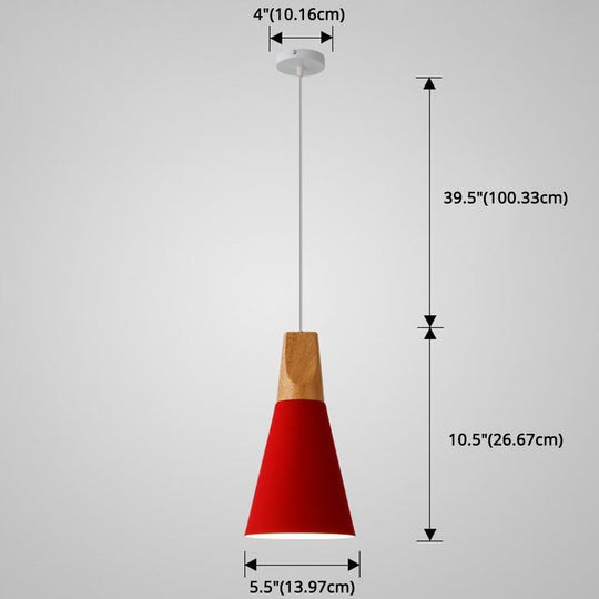 Metal Tapered Hanging Light - Nordic Style - 1-Light Restaurant Pendant Lamp with Wooden Top