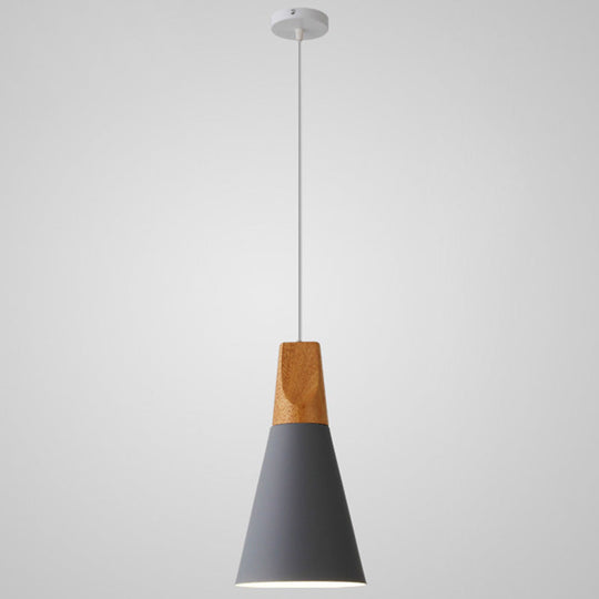 Nordic Style Metal Hanging Ceiling Pendant Lamp With Wooden Top - 1 Light Restaurant Lighting Grey /