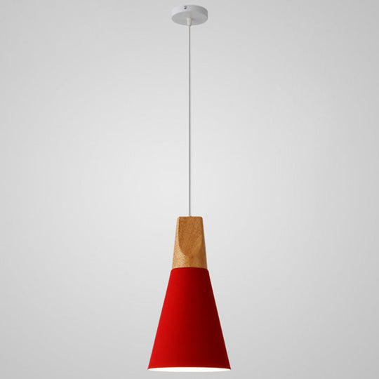 Nordic Style Metal Hanging Ceiling Pendant Lamp With Wooden Top - 1 Light Restaurant Lighting Red /
