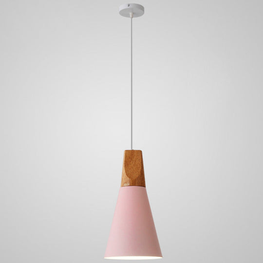 Metal Tapered Hanging Light - Nordic Style - 1-Light Restaurant Pendant Lamp with Wooden Top