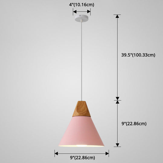 Nordic Style Metal Hanging Ceiling Pendant Lamp With Wooden Top - 1 Light Restaurant Lighting