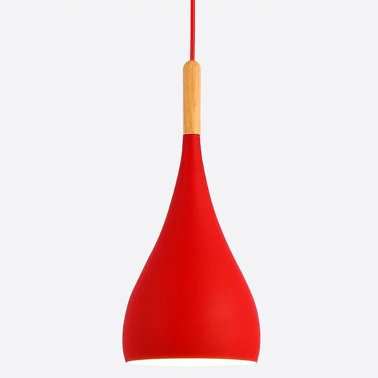 Nordic Style Metal Teardrop Hanging Light - 1 Ceiling Pendant Lamp With Wooden Top Red / 6.5
