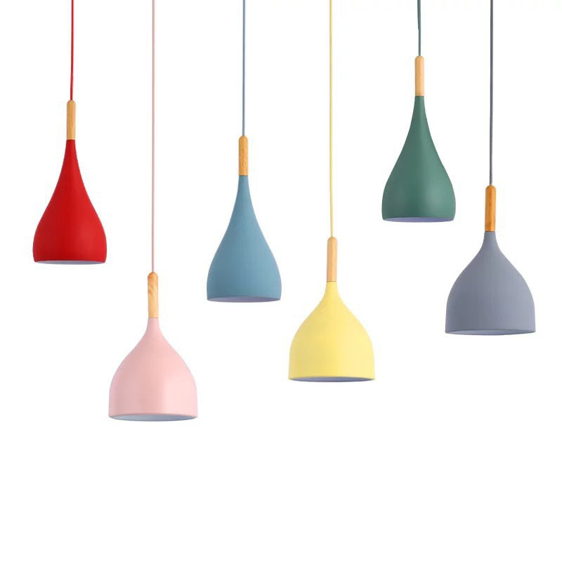 Nordic Style Metal Teardrop Hanging Light with Wooden Top - 1 Light Pendant Lamp for Restaurants