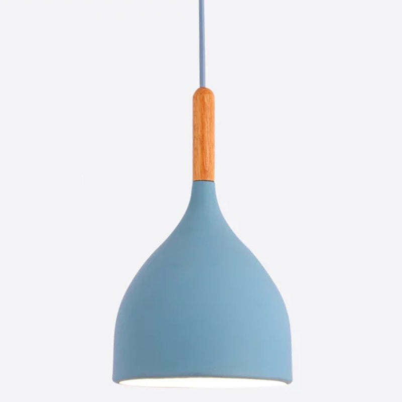 Nordic Style Metal Teardrop Hanging Light - 1 Ceiling Pendant Lamp With Wooden Top Blue / 7