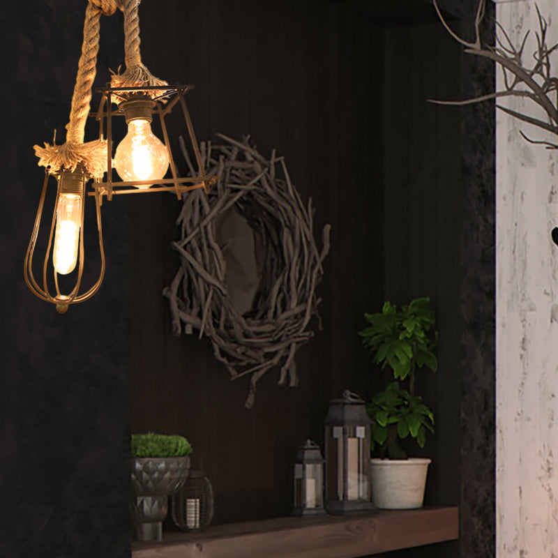 Lodge Style Black Caged Ceiling Fixture with Metal and Rope Hangings - 2 Lights and Unique Shade for Hallway Lighting