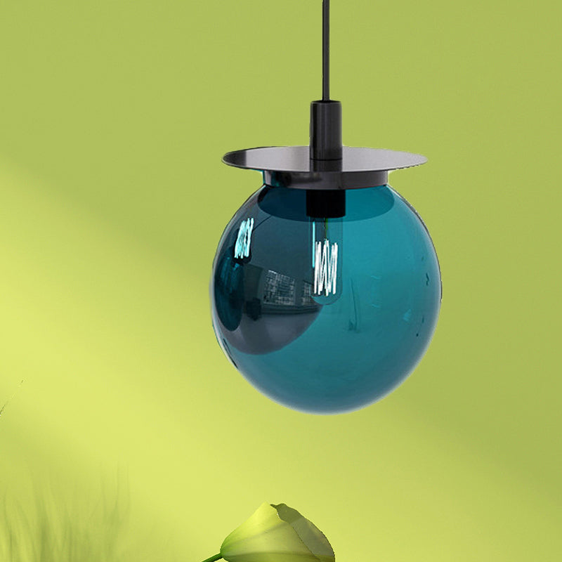 Modern Globe Dining Room Pendant Light Fixture - Orange/Blue/Clear Glass - 1 Head Hanging Lamp Kit