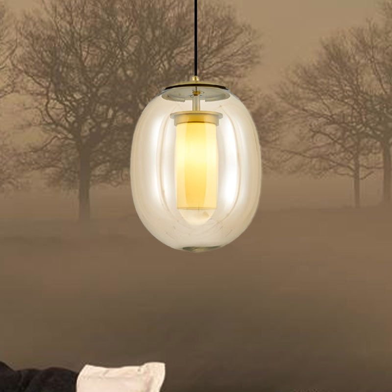 Contemporary Gold Pendant Light Kit - Clear Glass Oval Hanging Lamp, 7"/8.5" Wide, for Dining Room