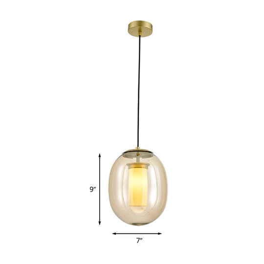 Contemporary Gold Pendant Light Kit - Clear Glass Oval Hanging Lamp, 7"/8.5" Wide, for Dining Room