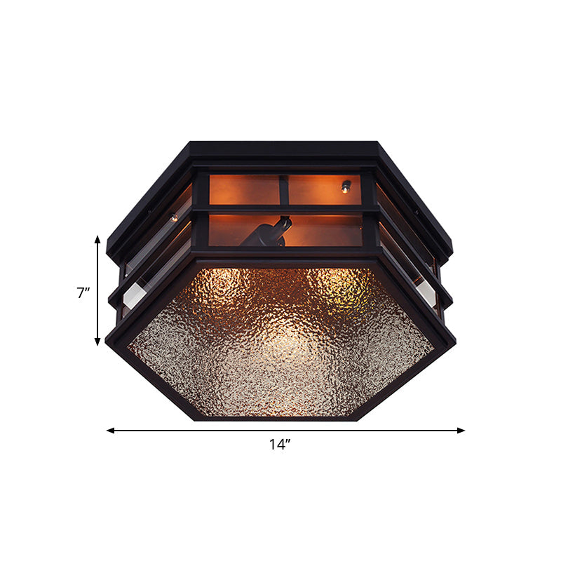 Black Metal Hexagon Flush Mount Ceiling Light with Frosted Glass Diffuser - 2/3 Lights, 14"/17" Width - Farmhouse Style