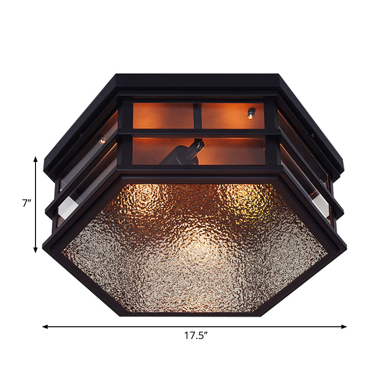 Black Metal Hexagon Flush Mount Ceiling Light with Frosted Glass Diffuser - 2/3 Lights, 14"/17" Width - Farmhouse Style