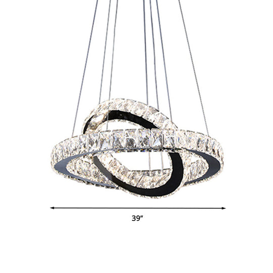 Minimalist Crystal Ring Chandelier LED Light Kit, Black, Ideal for Bedroom, 19-23.5 inches Wide