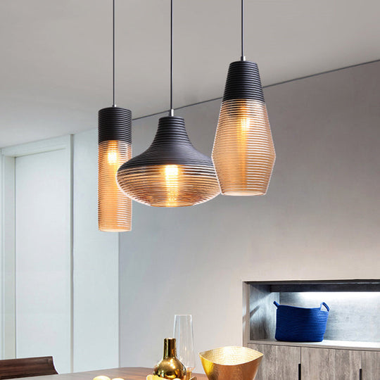 Modern Black Metal Pendant Light with Ribbed Glass Shade - 1-Light Hanging Lamp