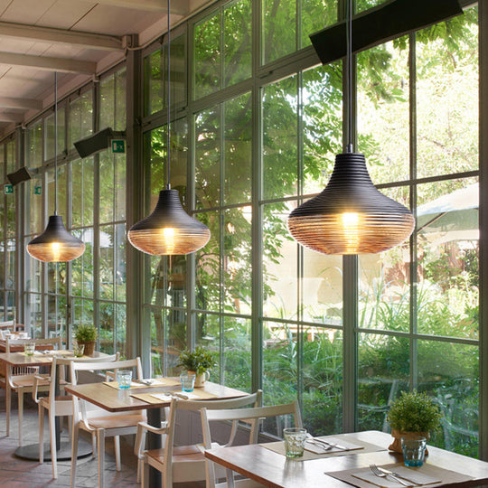 Modern Black Metal Pendant Light with Ribbed Glass Shade - 1-Light Hanging Lamp