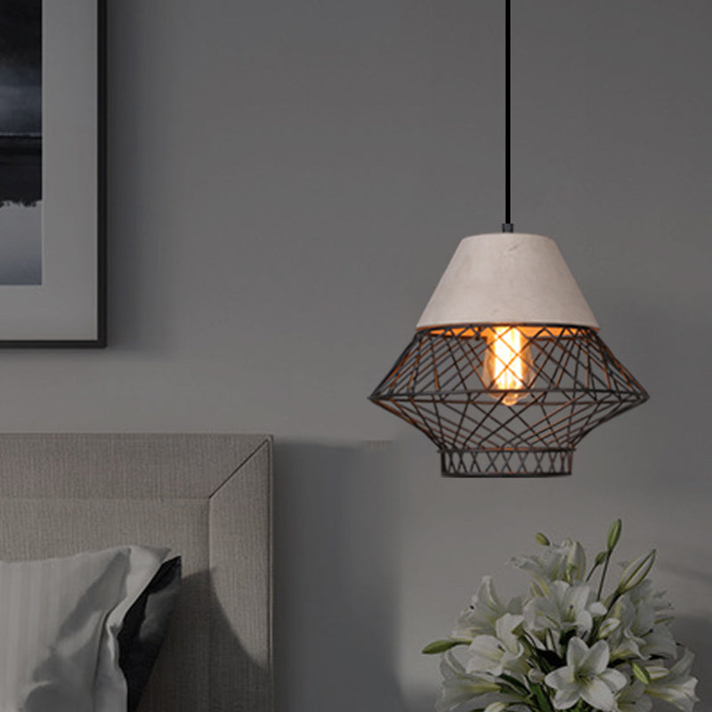 Suspension rétro en forme de cage métallique urbaine avec dessus en ciment - Lampe suspendue pour restaurant