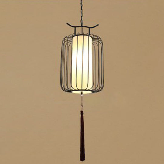 Chinese Style Retro 1-Light Pendant Lighting | Vertical Cage Shade Restaurant Hanging Lamp Black /