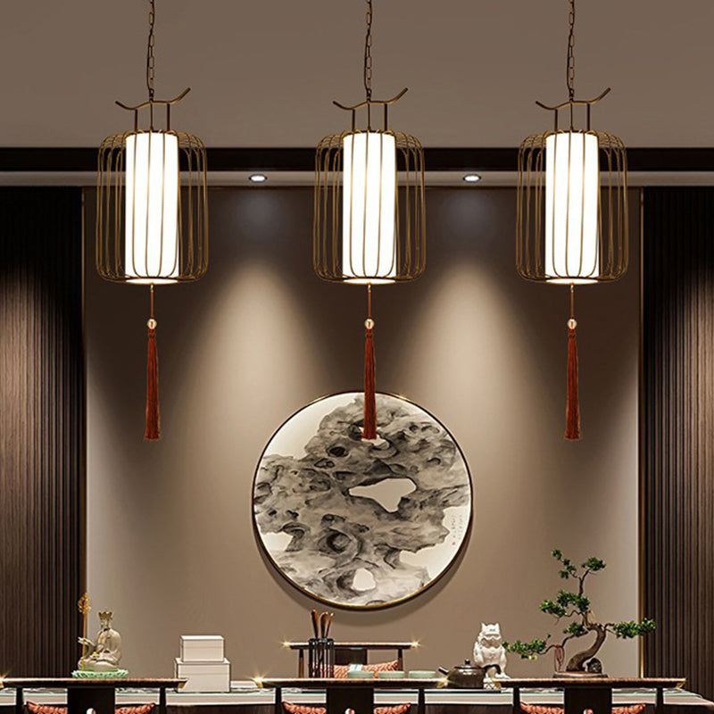 Chinese Style Retro 1-Light Pendant Lighting | Vertical Cage Shade Restaurant Hanging Lamp