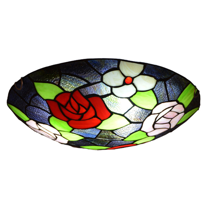 Stained Glass Tiffany Floral Flush Mount Ceiling Light Fixture Green-Red / 12